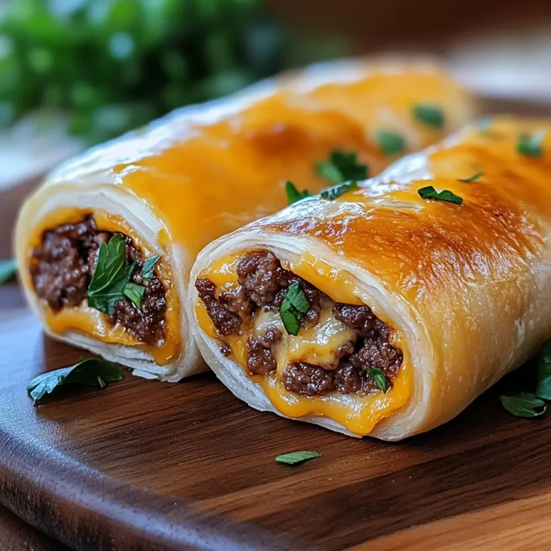 Garlic Butter Beef Cheeseburger Rollups with beef and melted cheddar filling