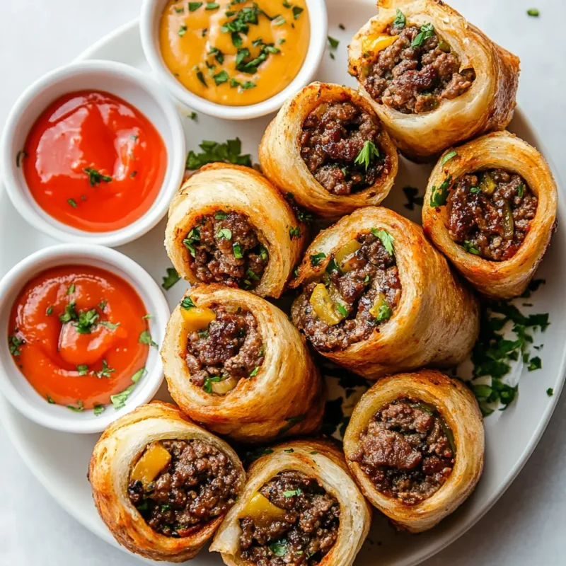 Garlic Butter Beef Cheeseburger Rollups sliced into pinwheels with dipping sauces