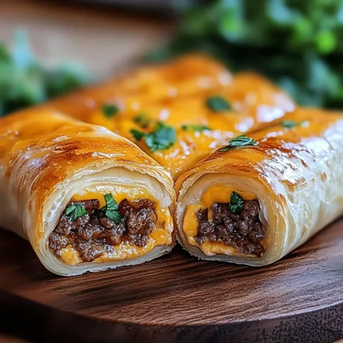 Garlic Butter Beef Cheeseburger Rollups with melted cheese and beef filling