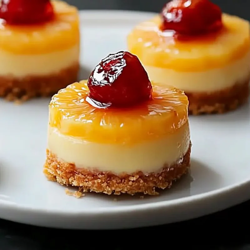 Mini pineapple upside-down cheesecakes topped with caramelized pineapple slice and bright red maraschino cherry on graham cracker crust