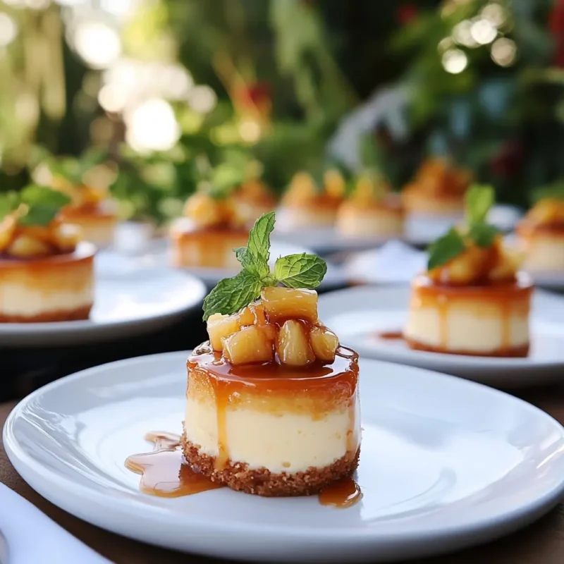 Mini pineapple upside-down cheesecake topped with caramel drizzle, pineapple chunks, and fresh mint on a white plate at outdoor setting