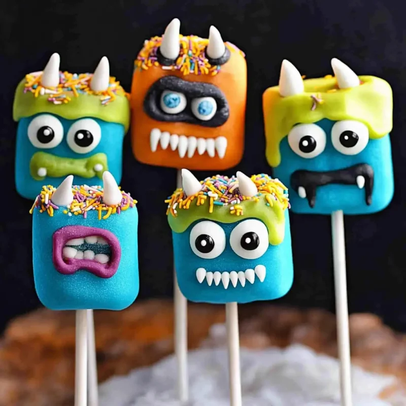Monster Marshmallow Pops decorated with colorful candy melts, sprinkles, candy eyes, and horns