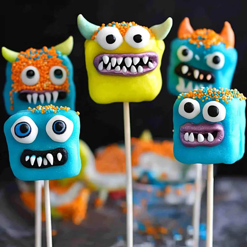 Monster Marshmallow Pops decorated with colorful candy melts, candy eyes, and sprinkles