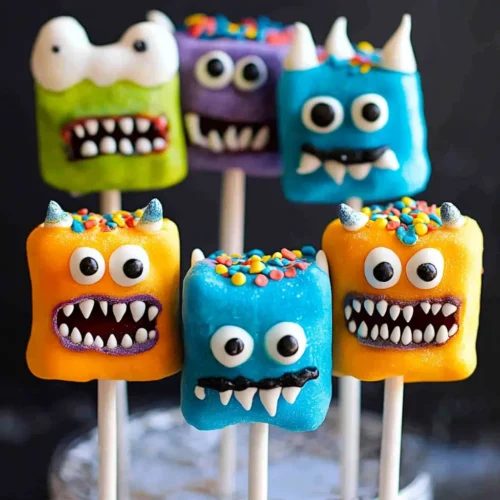 Monster Marshmallow Pops decorated with colorful candy melts, candy eyes, sprinkles, and horns