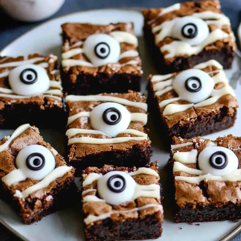 Mummy Brownies topped with candy eyeballs and white chocolate drizzle