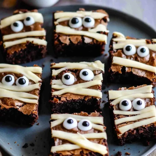 Mummy Brownies decorated with white chocolate bandages and candy eyes
