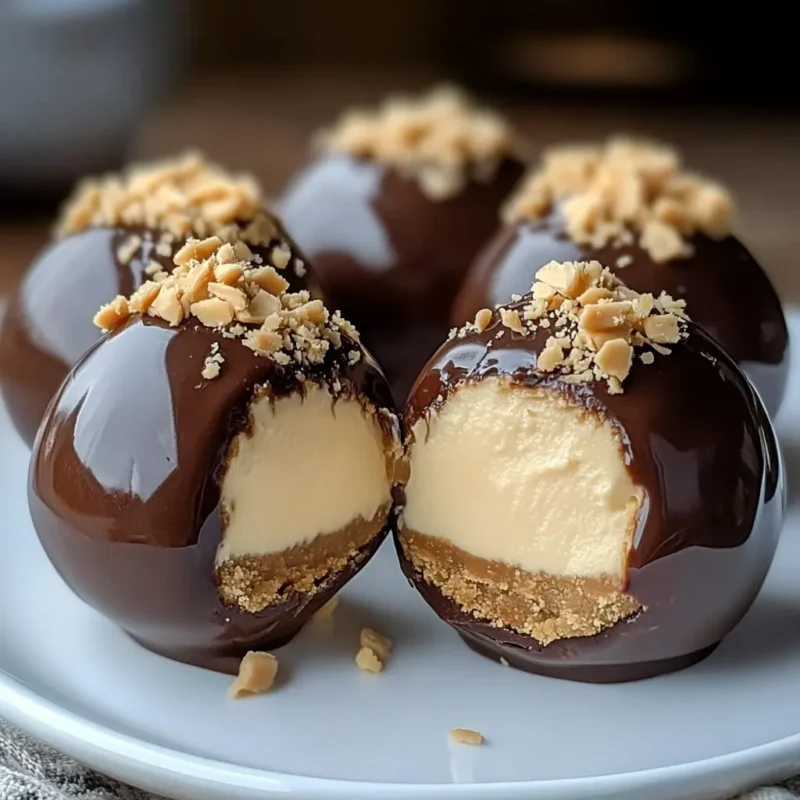 No-Bake Peanut Butter Cheesecake Balls dipped in chocolate and topped with crushed peanuts on a plate
