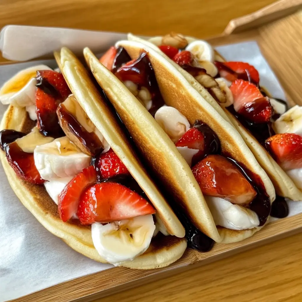 Pancake tacos with yogurt, bananas, strawberries, and chocolate drizzle