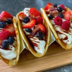 Pancake tacos with yogurt, strawberries, blueberries, raspberries, and chocolate drizzle