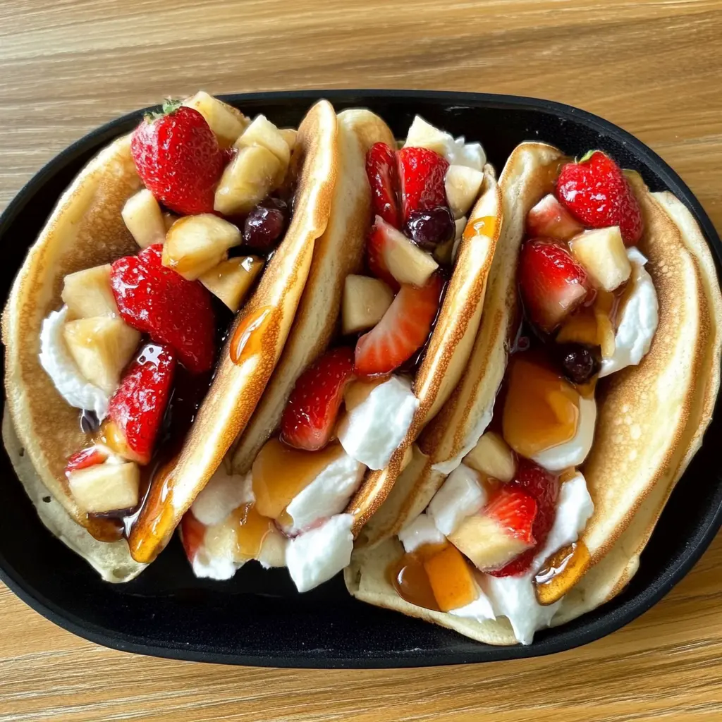 Pancake tacos filled with yogurt, strawberries, bananas, grapes, and drizzled with maple syrup