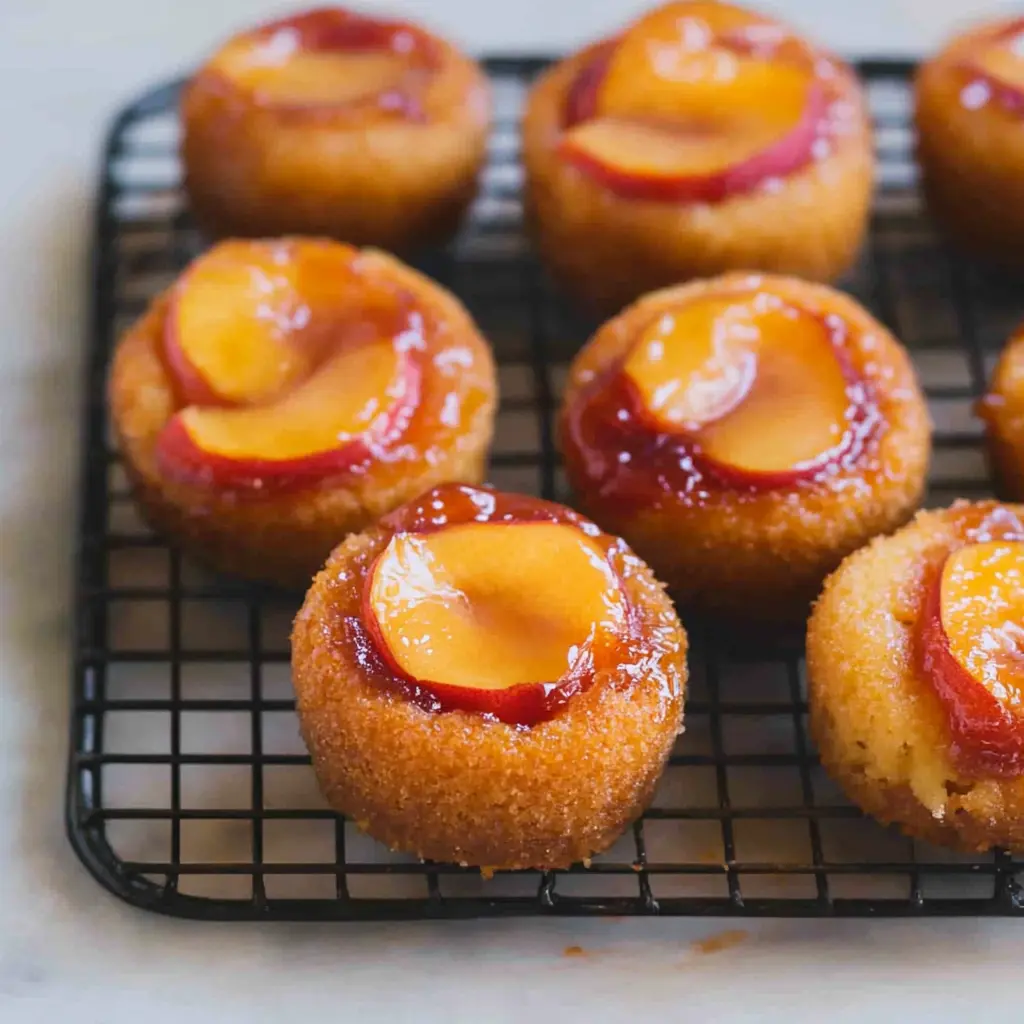 Peach Upside Down Mini Cakes with caramelized peach slices on cooling rack