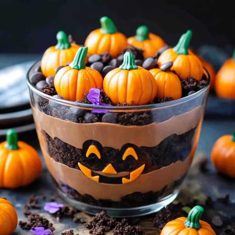 Pumpkin Patch Dirt Cups with layers of chocolate pudding and Oreo crumbs, topped with candy pumpkins in a Jack-O’-Lantern glass