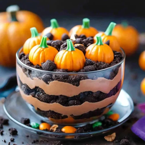 Pumpkin Patch Dirt Cups layered with chocolate pudding, Oreo crumbs, and topped with candy pumpkins for Halloween
