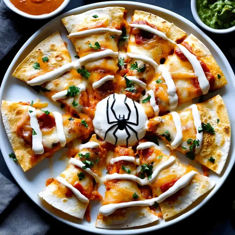Spider Web Quesadillas decorated with sour cream webs, salsa, and a black olive spider centerpiece