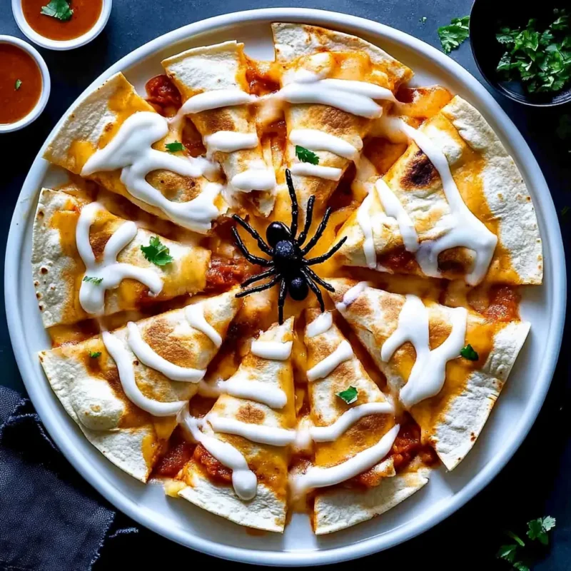 Spider Web Quesadillas decorated with sour cream webs and a black olive spider, served on a plate for Halloween