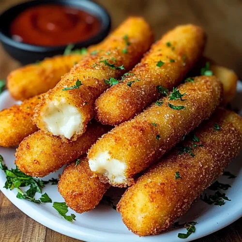 Crispy mozzarella sticks with melted cheese and marinara dip