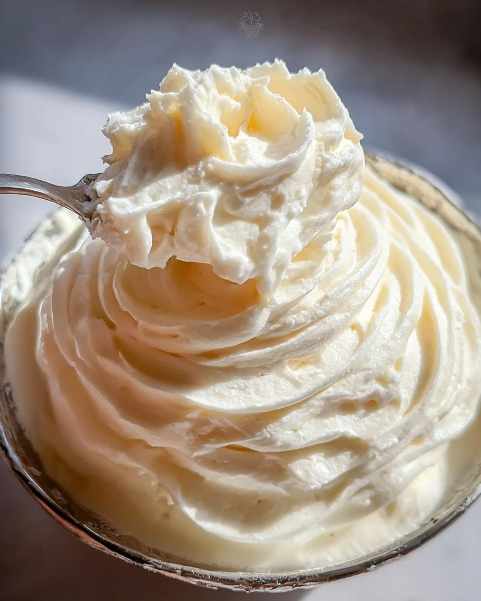 A spoonful of creamy, rich 300 Dollar Frosting Recipe, showing its smooth texture and swirls.