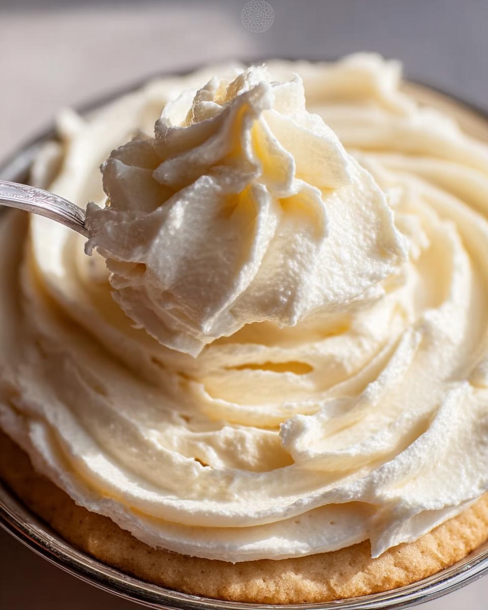 A close-up of a spoonful of creamy, luxurious 300 Dollar Frosting Recipe swirled on top of a cookie.