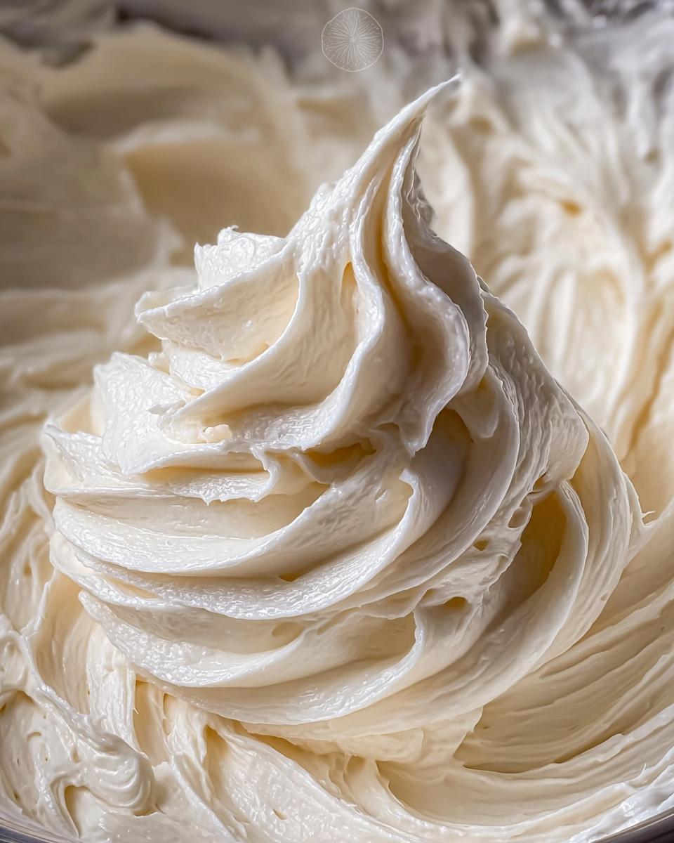Close-up of a creamy, smooth swirl of 300 Dollar Frosting Recipe, showcasing its rich texture.