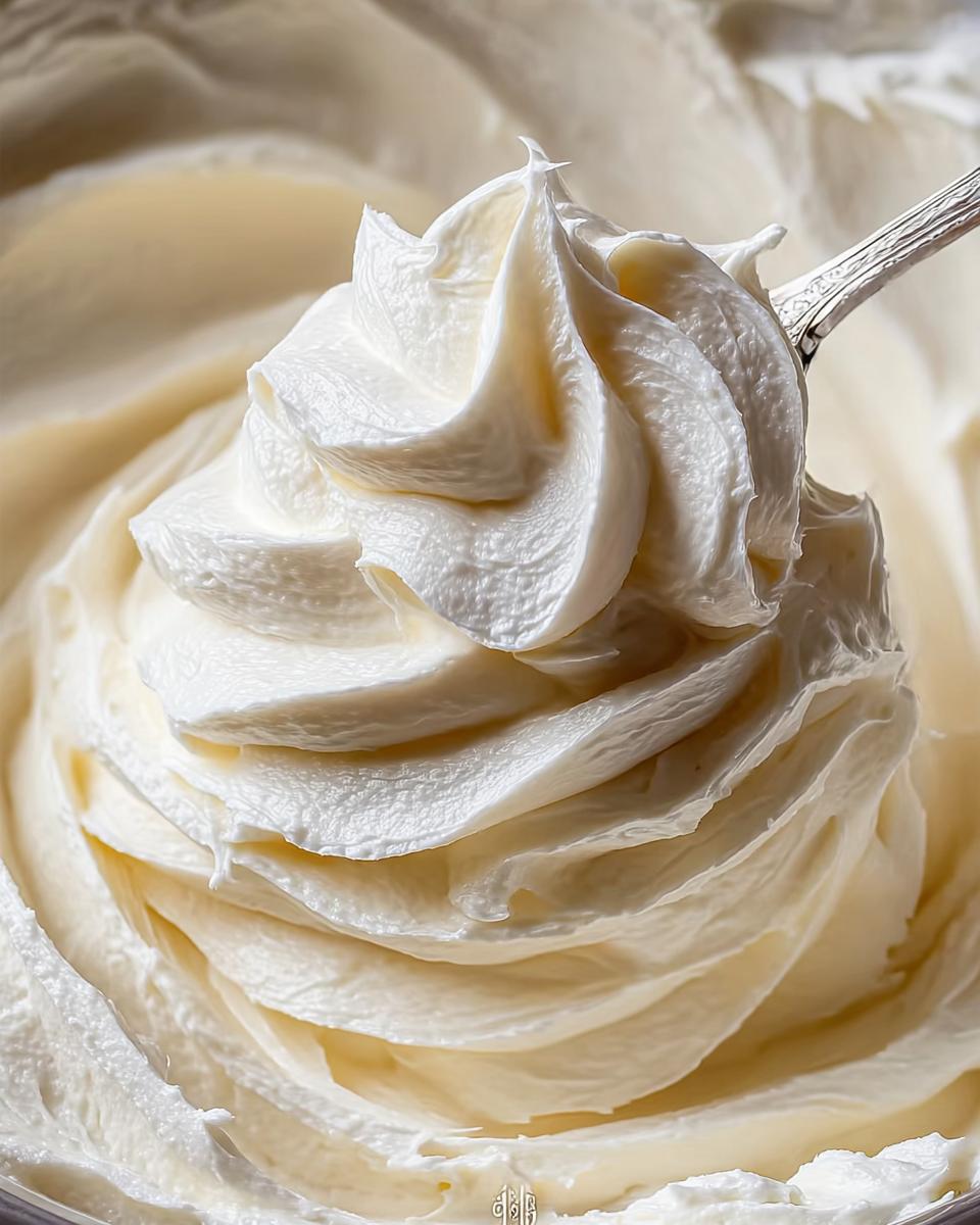 Close-up of a swirl of rich, creamy 300 Dollar Frosting Recipe being scooped with a spoon.