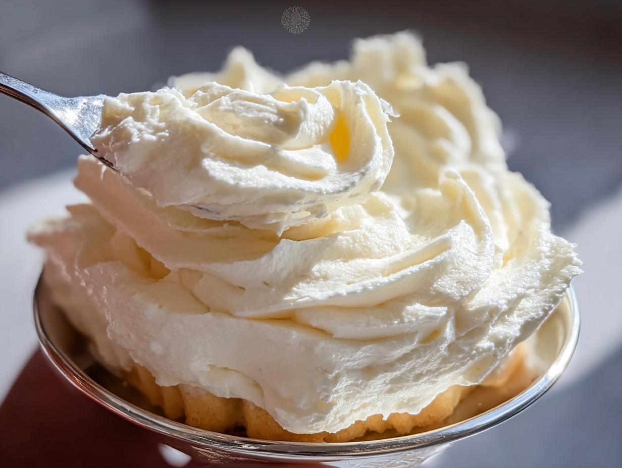 A fork taking a swirl of rich, creamy 300 Dollar Frosting Recipe from a dessert in a silver bowl.