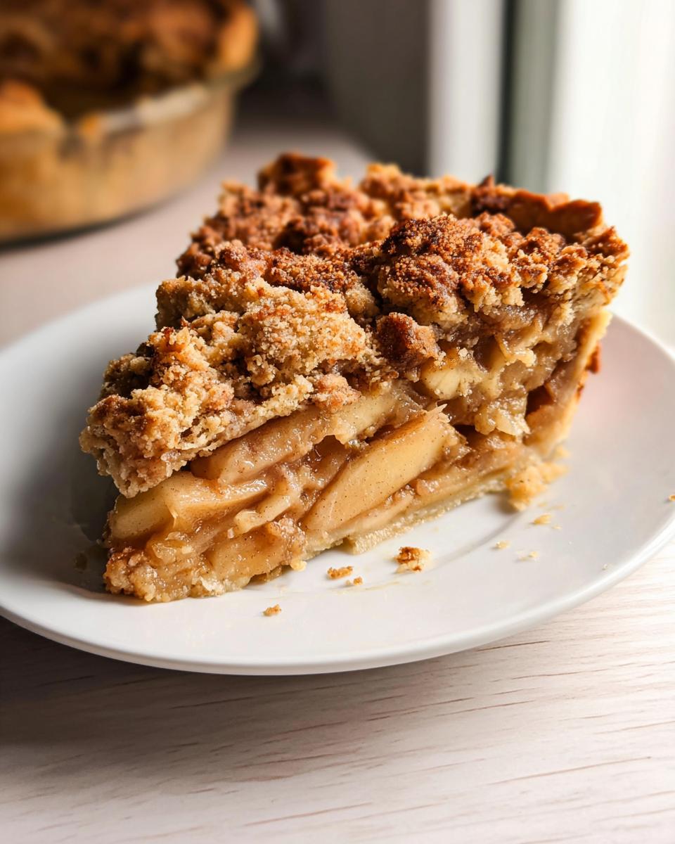 A generous slice of Apple Crumble Pie on a white plate, showcasing tender apple filling and a golden crumble topping.