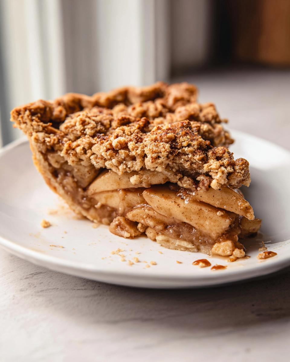 A close-up of a slice of Apple Crumble Pie on a white plate, showcasing tender apple slices and a golden crumble topping.