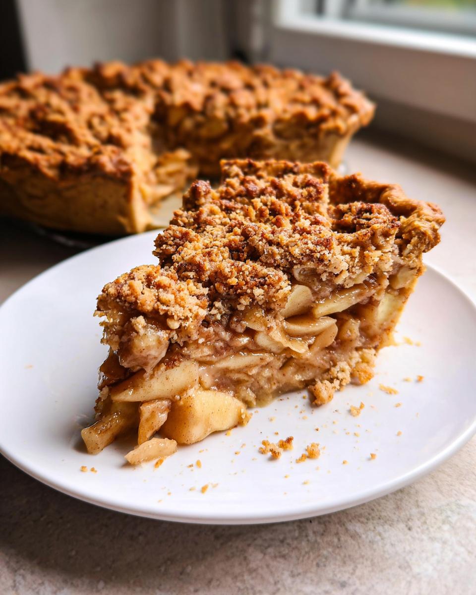 A close-up of a slice of Apple Crumble Pie on a white plate, showcasing the flaky crust and apple filling.