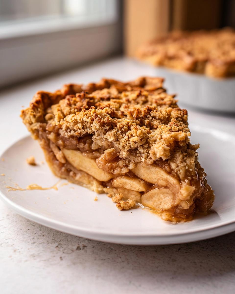 A close-up of a slice of apple crumble pie on a white plate, showcasing tender apple slices and a golden crumble topping.
