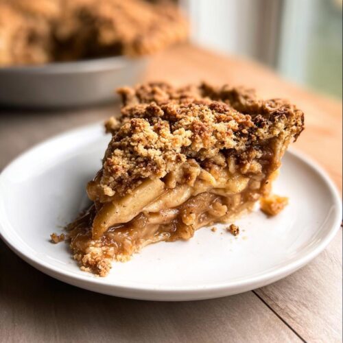 A close-up of a slice of Apple Crumble Pie on a white plate, showing layers of tender apples and a golden crumble topping.