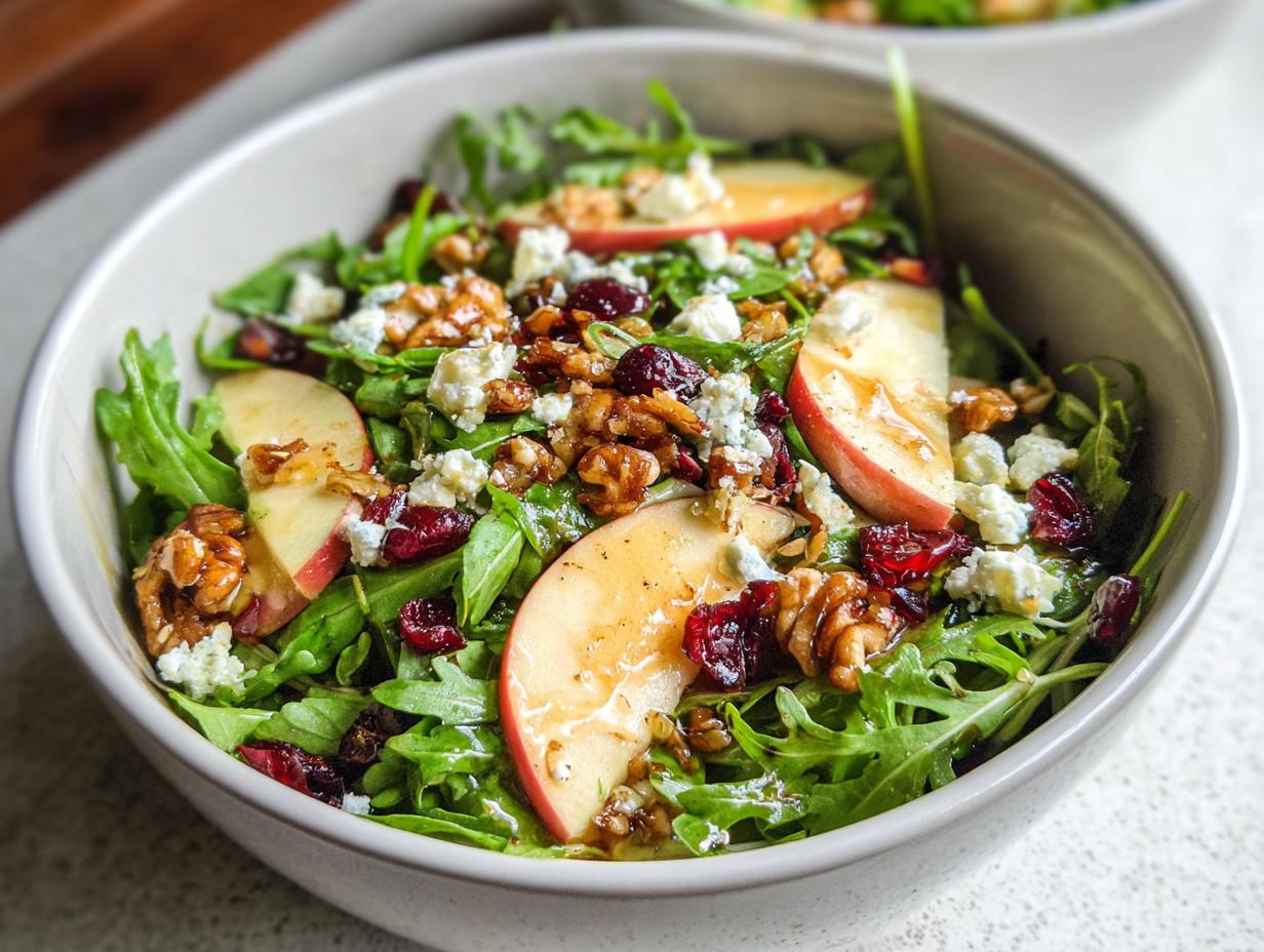 A vibrant bowl of Apple Walnut Salad featuring crisp apple slices, crunchy walnuts, dried cranberries, and crumbled blue cheese on a bed of greens.