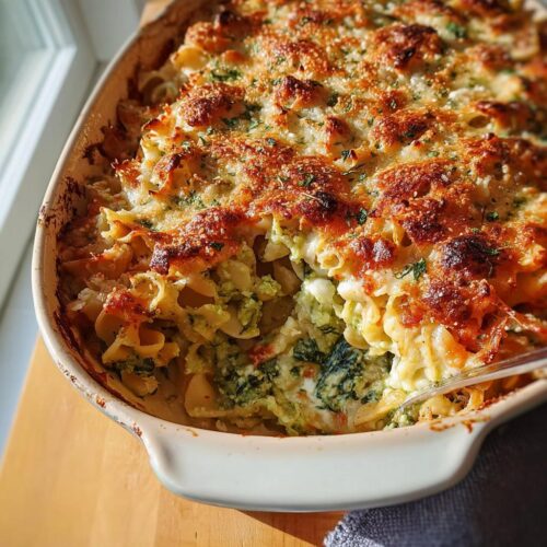 A close-up of a bubbly baked pasta dish with spinach and cheese, topped with golden-brown breadcrumbs and herbs.