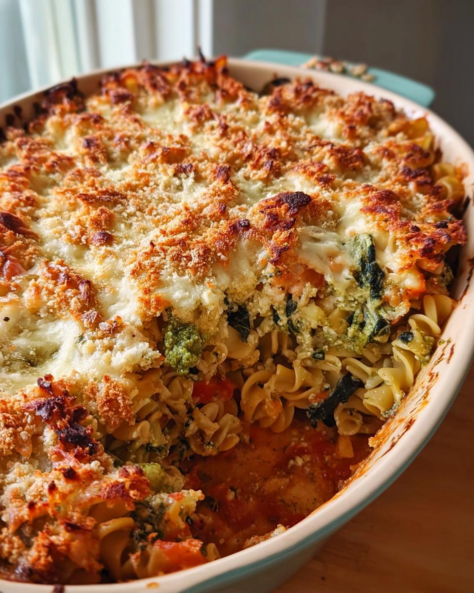 A close-up of a golden-brown baked pasta with spinach and cheese, featuring rotini pasta, broccoli florets, and a crispy breadcrumb topping.