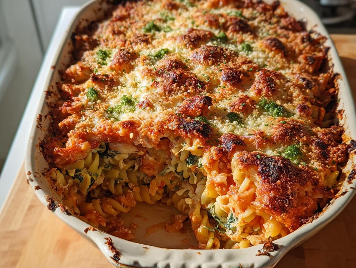 A close-up of a creamy baked pasta with spinach and cheese casserole, golden brown and bubbling.