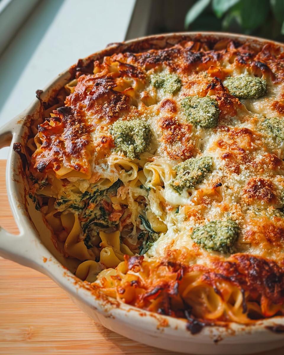 A close-up of a creamy baked pasta with spinach and cheese, topped with golden-brown cheese and green pesto dollops.