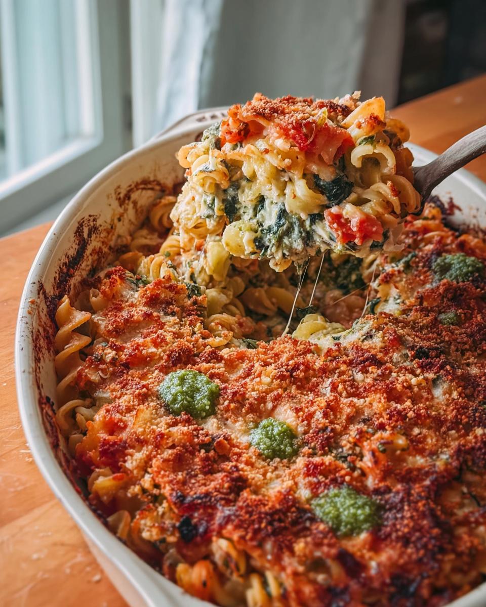 A serving spoon lifts a generous portion of creamy baked pasta with spinach and cheese from a casserole dish.
