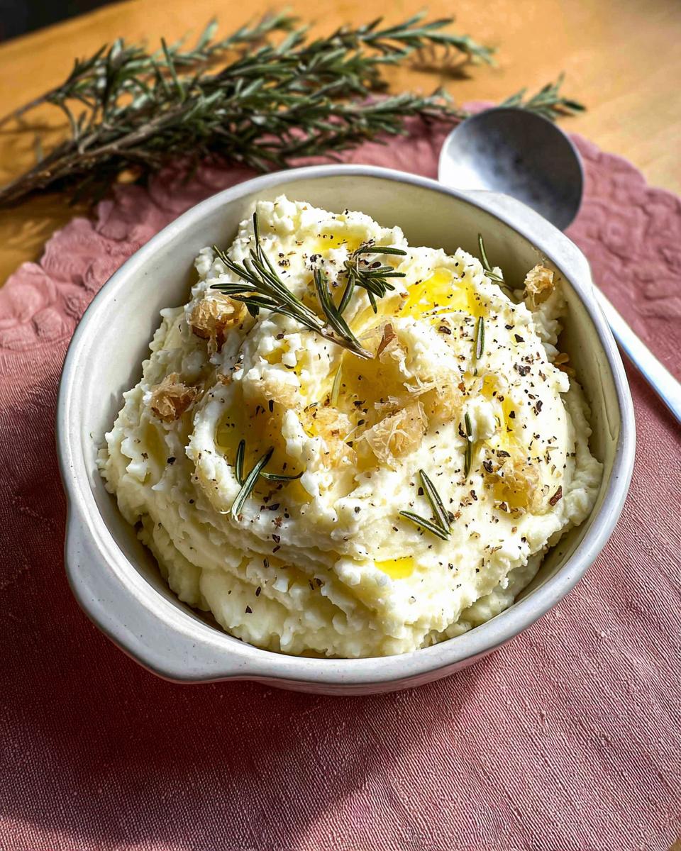 Close-up of a bowl filled with creamy Best Rosemary Garlic Mashed Potatoes, topped with olive oil, garlic bits, and fresh rosemary sprigs.