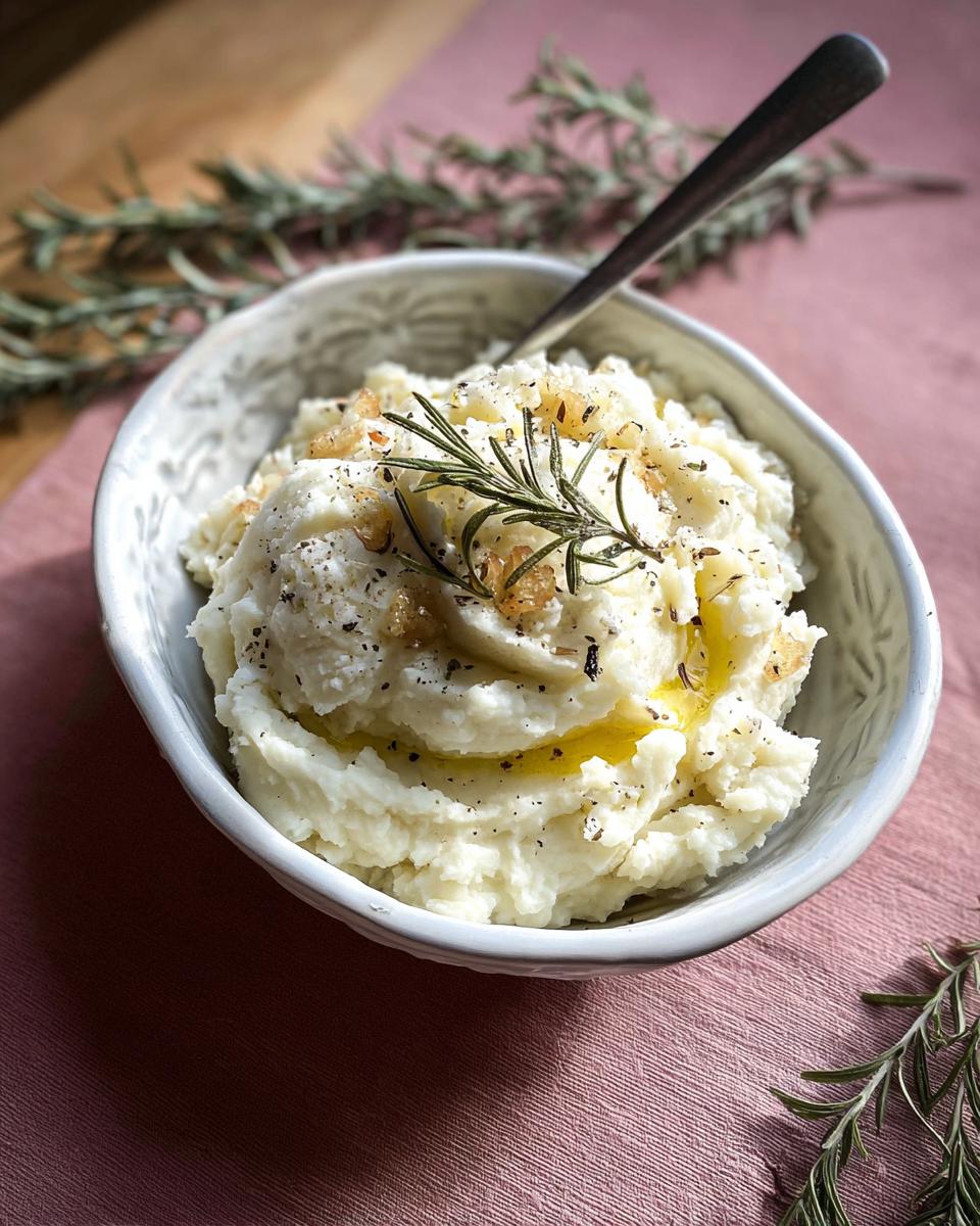 Close-up of a bowl filled with creamy Best Rosemary Garlic Mashed Potatoes, topped with rosemary sprigs and olive oil.