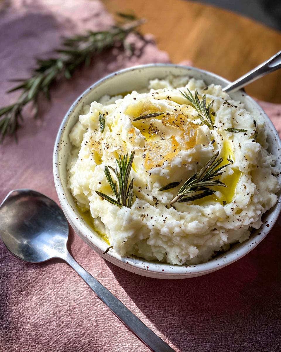 A close-up of a bowl filled with creamy Best Rosemary Garlic Mashed Potatoes, topped with olive oil, herbs, and garlic.