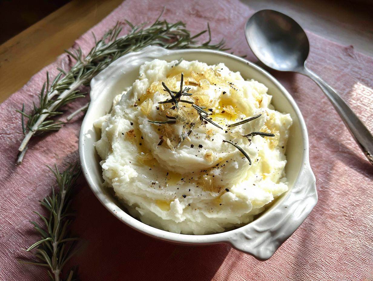 A close-up of the best rosemary garlic mashed potatoes, topped with herbs and drizzled with oil, served in a decorative white bowl.