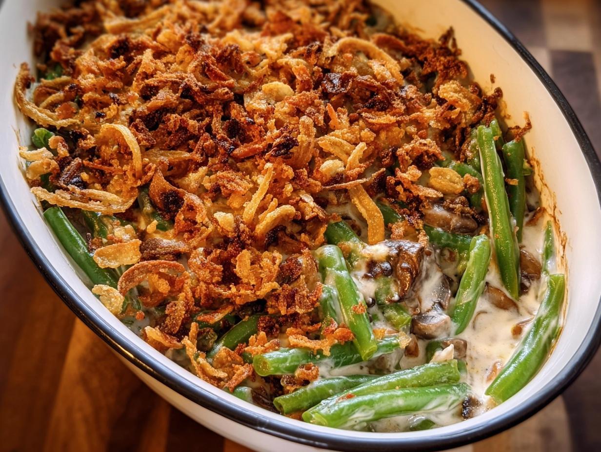 Close-up of Best Southern Green Bean Casserole in a white baking dish, topped with crispy fried onions.