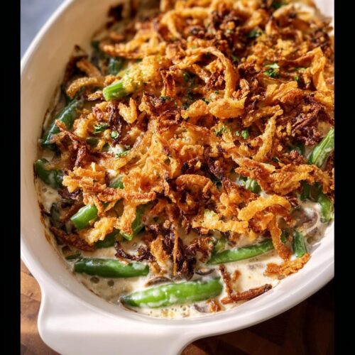 Close-up of the Best Southern Green Bean Casserole, topped with golden fried onions and fresh parsley.