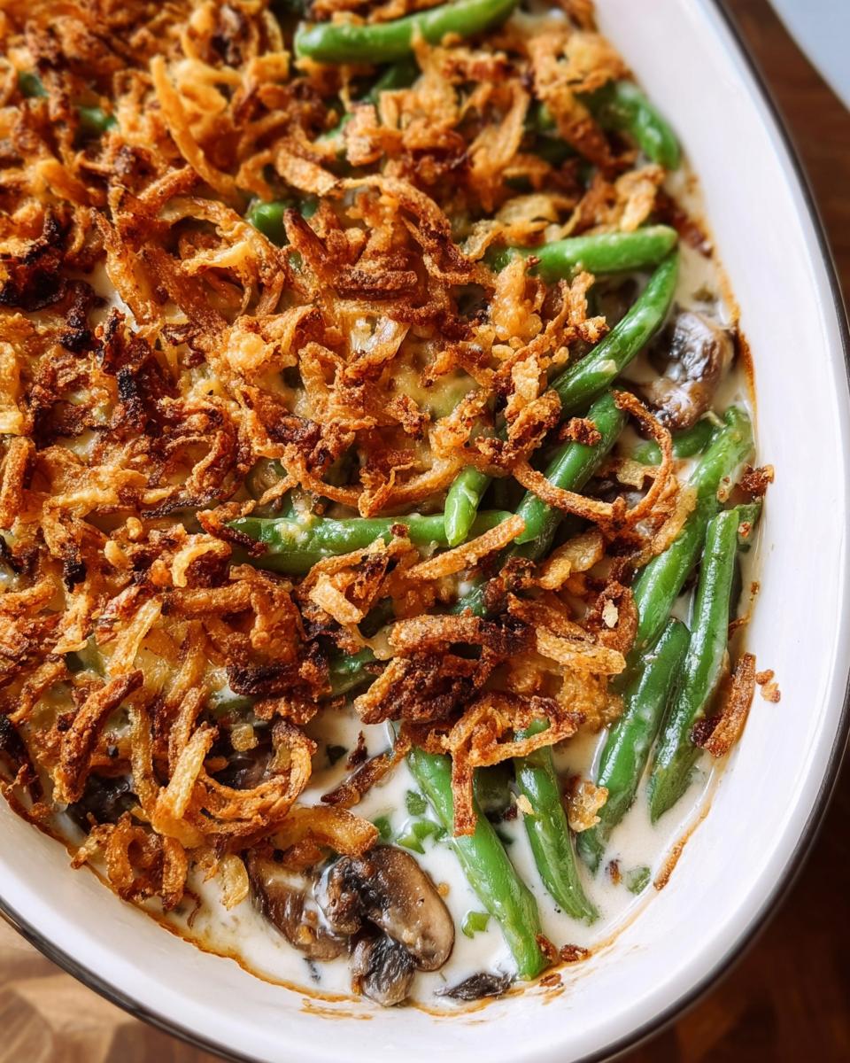 Close-up of bubbling Best Southern Green Bean Casserole topped with crispy fried onions and whole green beans.