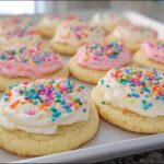 Close-up of sugar cookies topped with creamy white and pink frosting and colorful sprinkles. The Best Sugar Cookie Frosting.