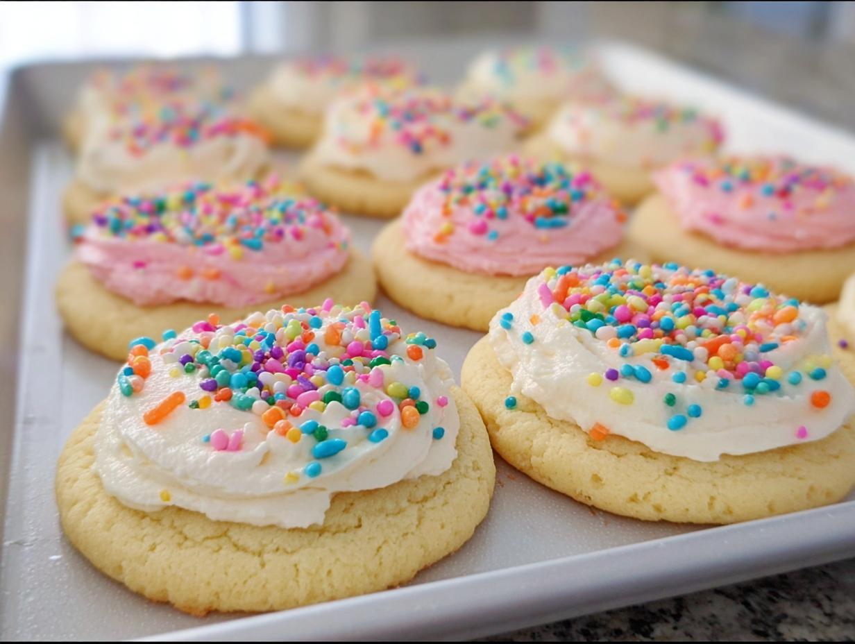 Close-up of sugar cookies topped with creamy white and pink frosting and colorful sprinkles. The Best Sugar Cookie Frosting.