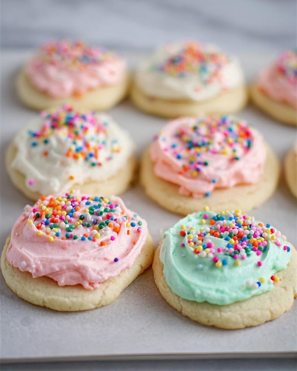 Close-up of sugar cookies topped with The Best Sugar Cookie Frosting in pink, white, and mint green, decorated with colorful sprinkles.