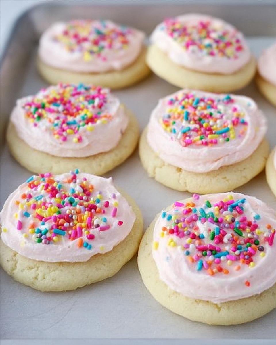 Close-up of sugar cookies topped with pink frosting and colorful sprinkles, featuring the best sugar cookie frosting.