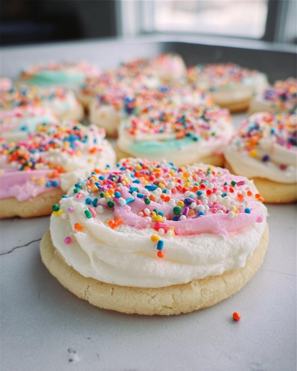 Close-up of sugar cookies topped with creamy white and pink frosting and colorful sprinkles, showcasing the best sugar cookie frosting.