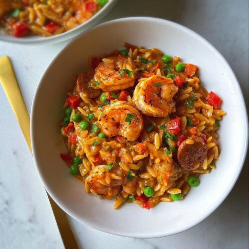 A bowl of Cajun Orzo with Shrimp & Sausage, featuring plump shrimp, sliced sausage, peas, and diced peppers in a creamy sauce.
