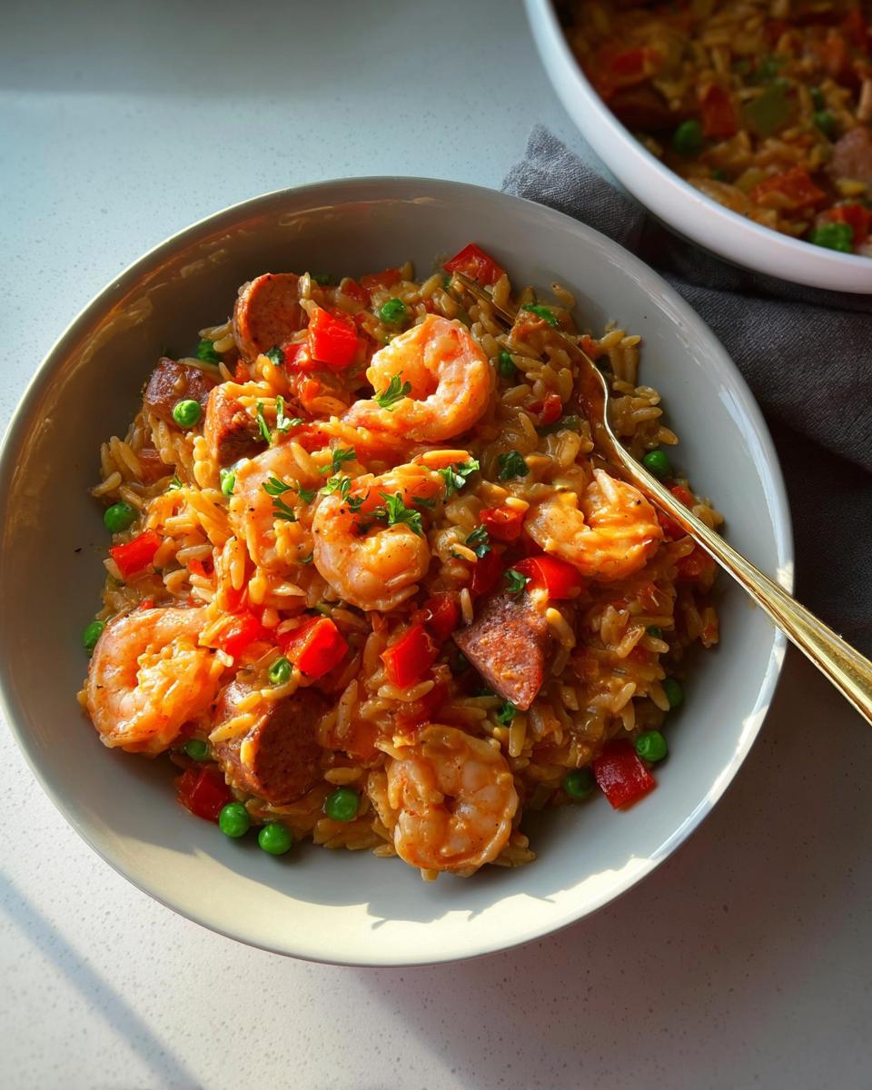 A bowl of Cajun Orzo with Shrimp & Sausage, featuring plump shrimp, sliced sausage, peas, and diced red peppers.
